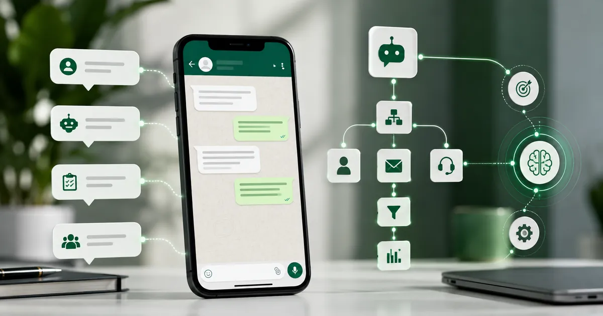 Un teléfono con una conversación de WhatsApp Business y, al costado, el flujo de automatización que la atiende