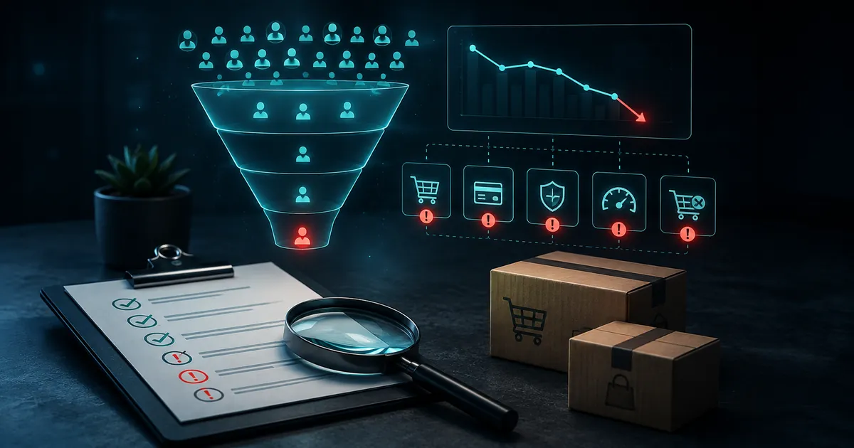 Un embudo de conversión donde las visitas se pierden etapa a etapa, con una checklist de diagnóstico y las señales de alerta del checkout