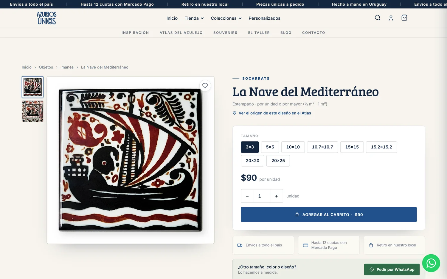 Azulejos Únicos — ficha de producto con las ocho medidas y la compra por unidad o por metro cuadrado