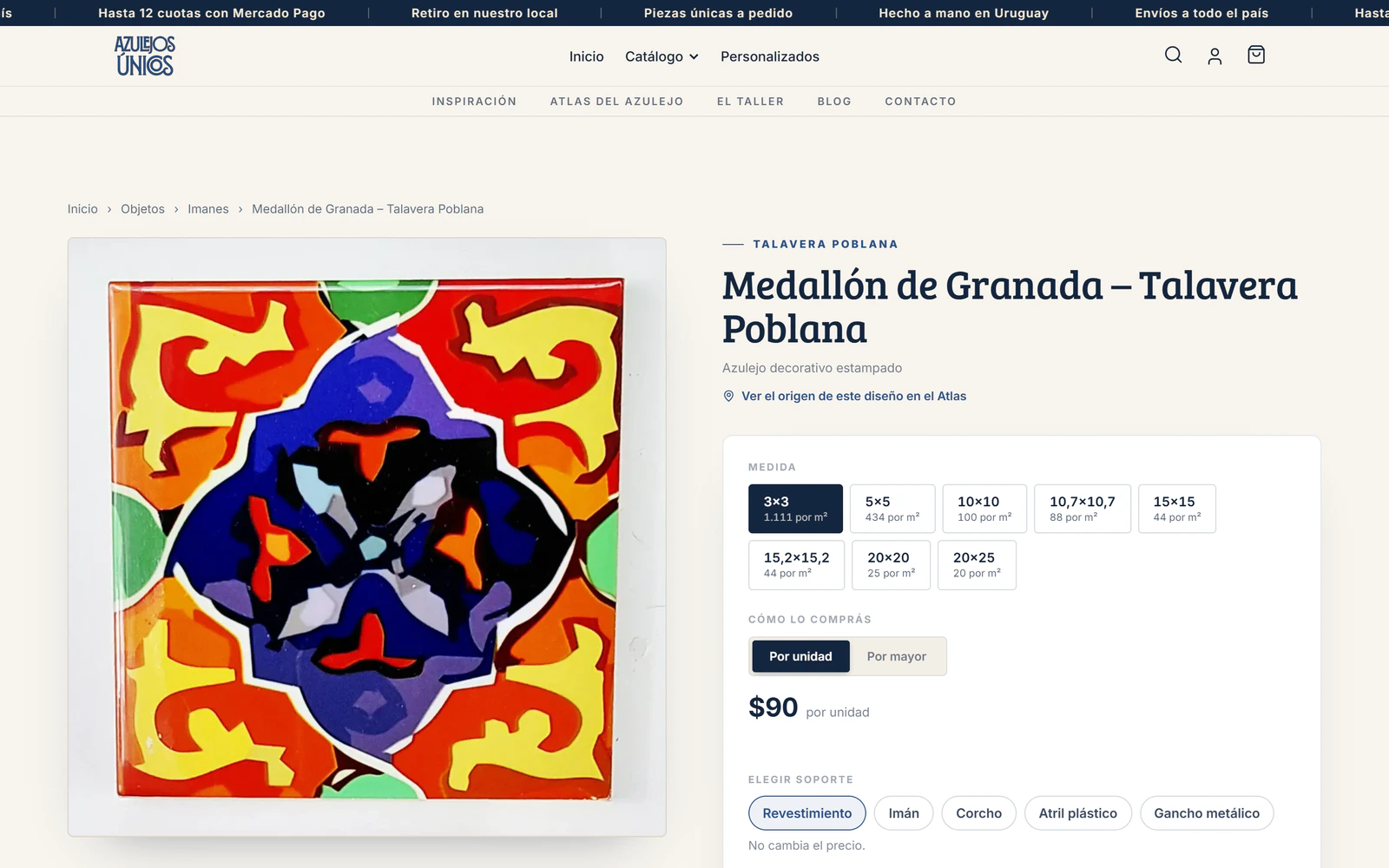 Azulejos Únicos — ficha de producto con las ocho medidas y la compra por unidad o por mayor