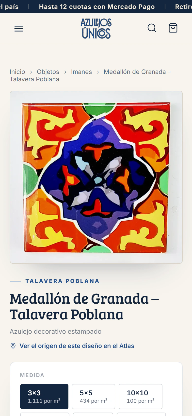 Azulejos Únicos — una ficha de producto en el teléfono