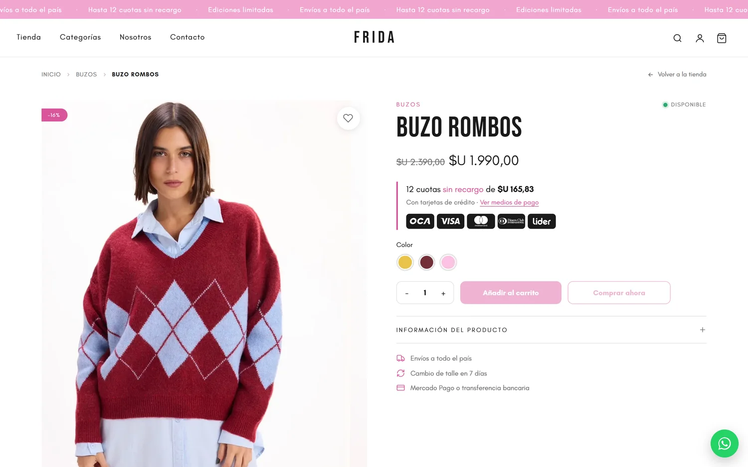 Frida Clothes — ficha de producto con variantes de color y medios de pago