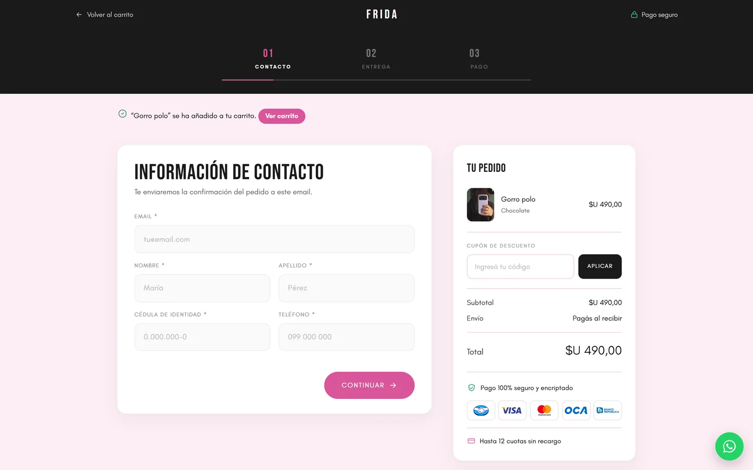 Frida Clothes — checkout en tres pasos, con el resumen del pedido