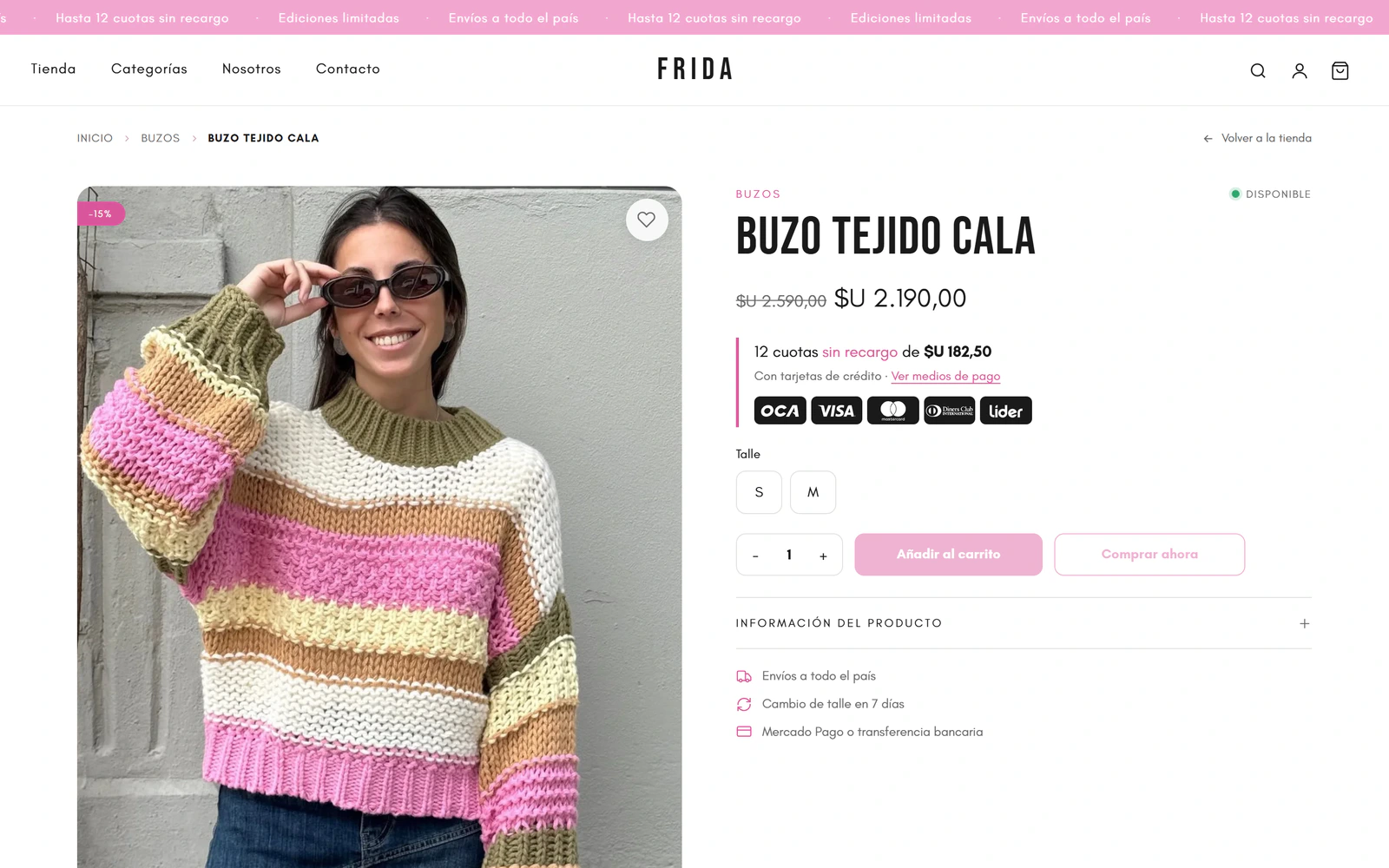 Frida Clothes — ficha de producto con talles y medios de pago