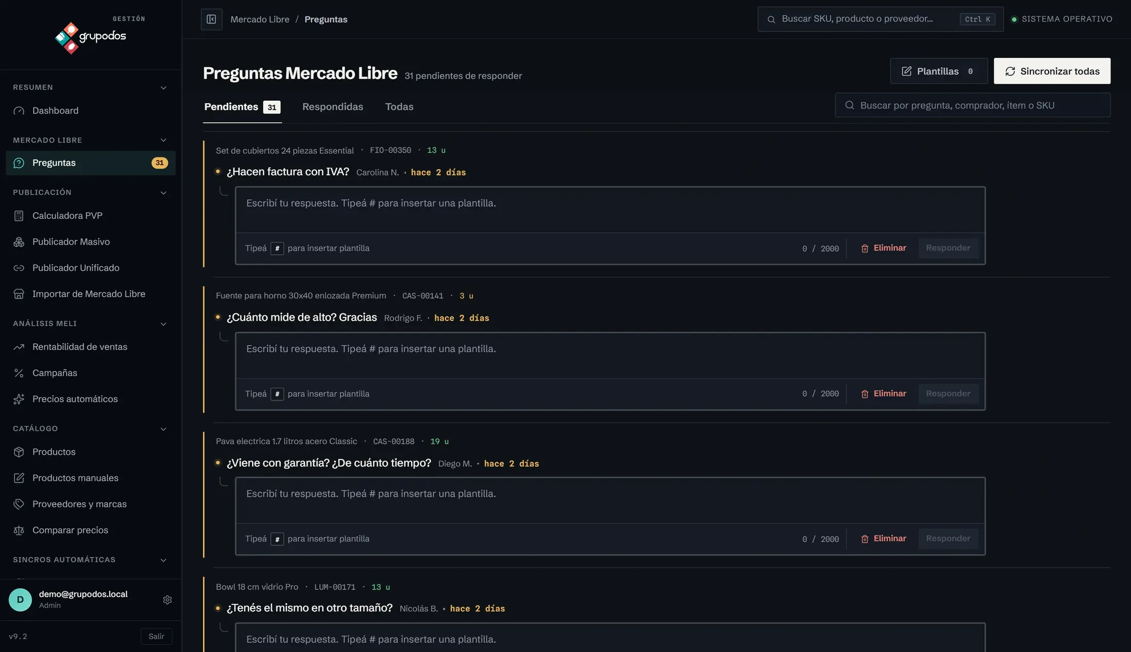Bandeja de preguntas de Mercado Libre — cada consulta llega con el producto, su SKU y el stock disponible, y se responde desde el panel con plantillas guardadas, sin entrar al marketplace.