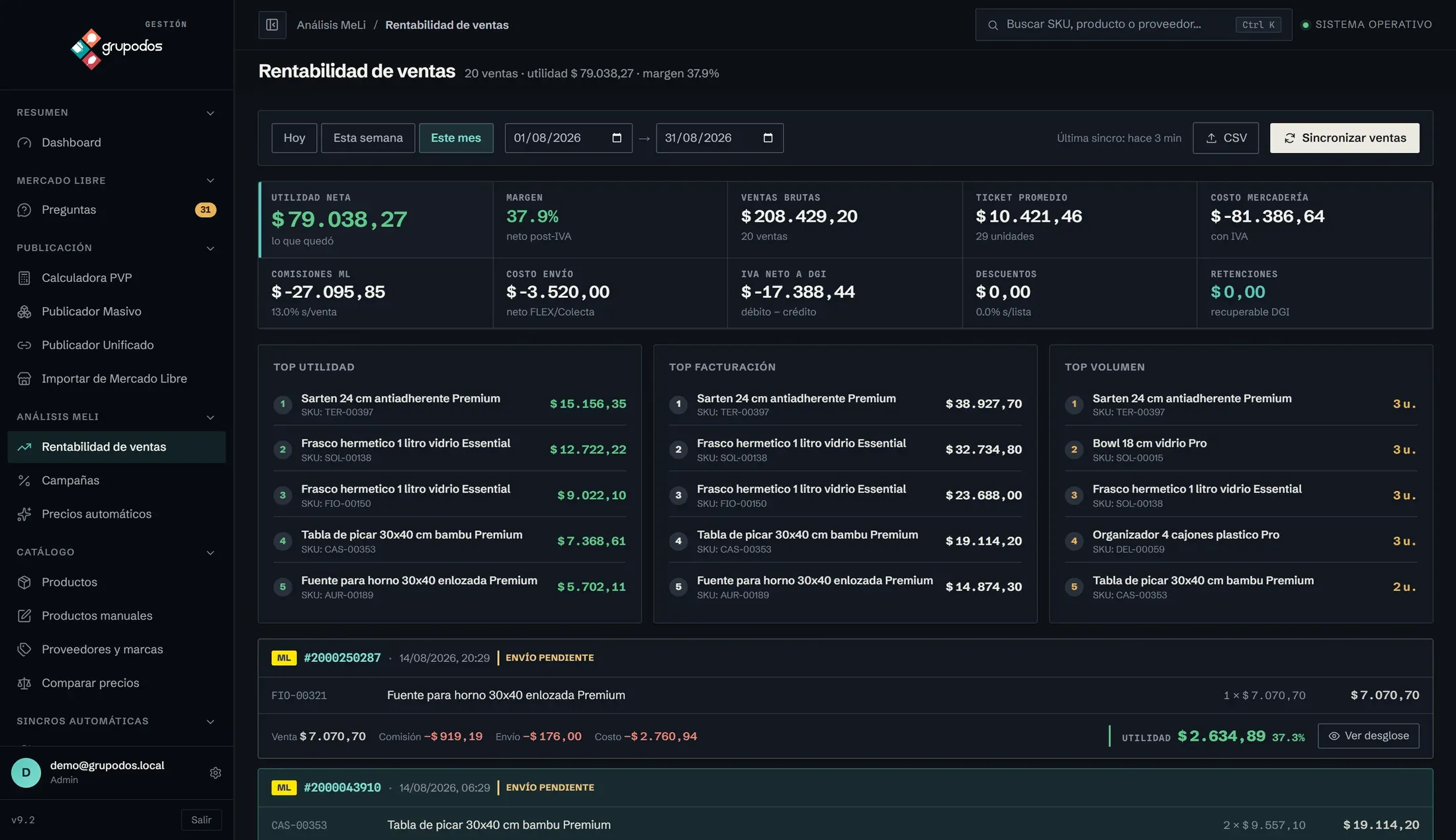 Reporte de rentabilidad del mes — utilidad neta, margen y ventas brutas arriba; abajo, cada venta con su comisión, su costo de envío y su costo de mercadería descontados para mostrar cuánto quedó.