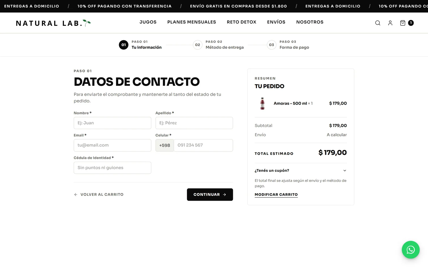 Natural Lab — checkout en tres pasos