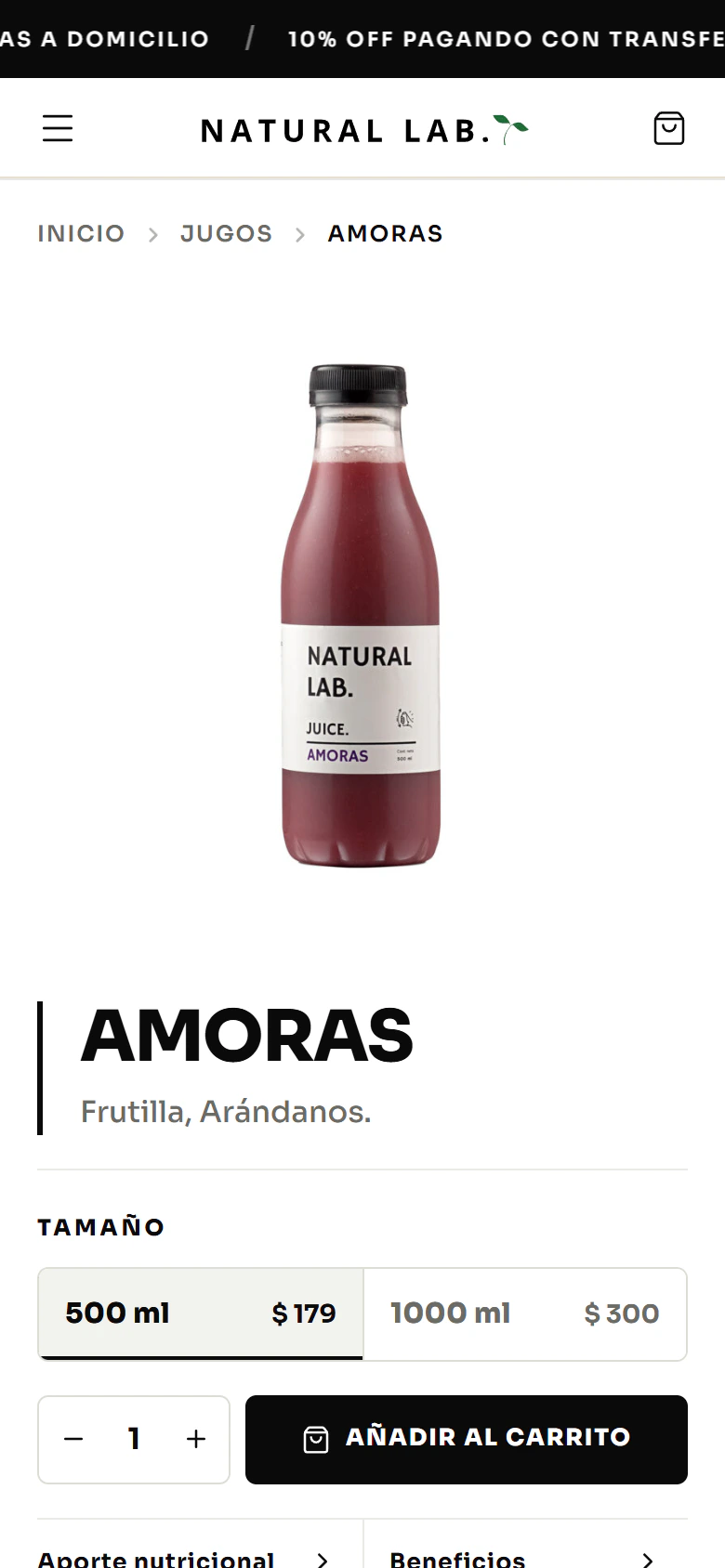 Natural Lab — una ficha de producto en el teléfono